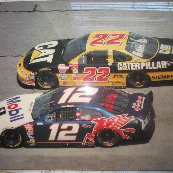 VINTAGE 19 BY 15 & 1/2-HEAVY-WOOD PICTURE OF NASCARS' NUMBER 12 & 22 - Picture 1 of 14